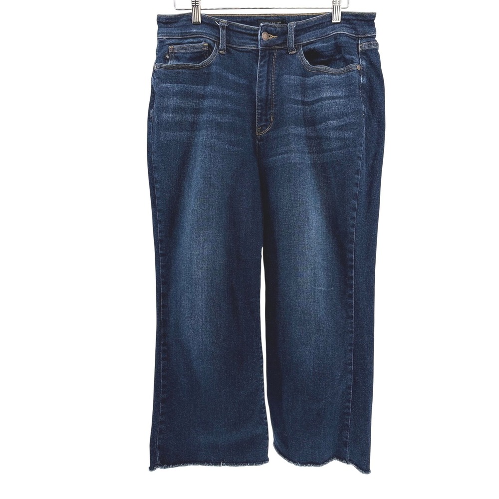 Judy Blue Dark Wash Wide Leg High Rise Raw Hem Jeans Size 16W Indigo Denim - Picture 2 of 9